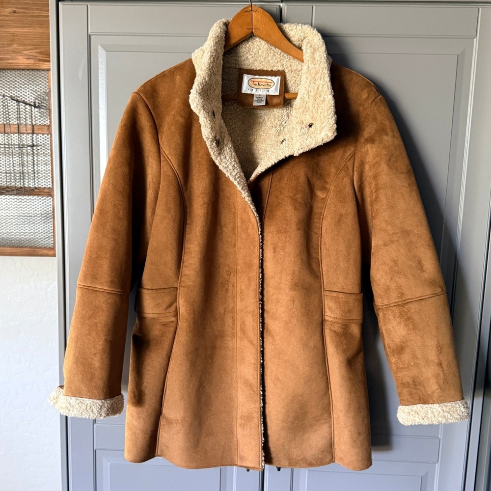 Talbots Petite Vintage Womens Faux Suede Shearling Lined Jacket, Tan, S